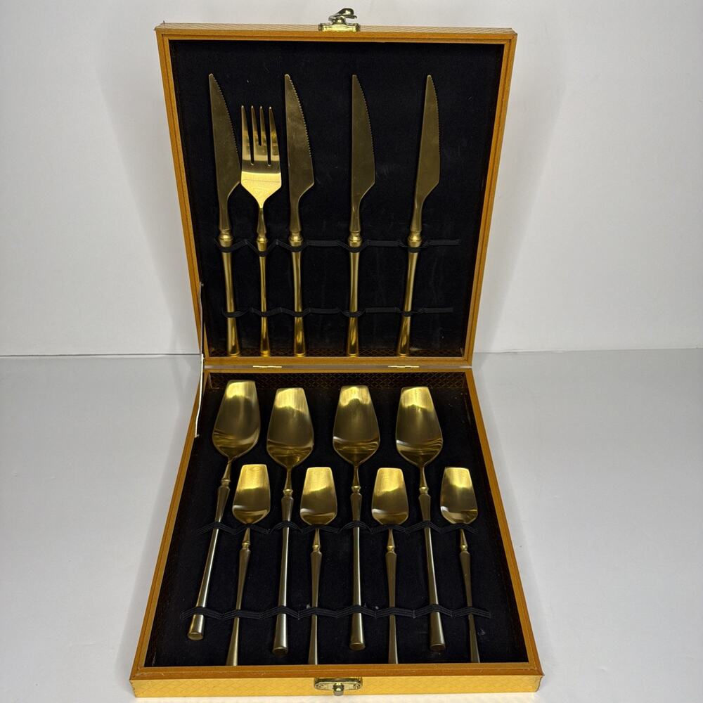 Gold Silverware 13 Piece Set Forged Stainless Steel Flatware Case Utensils Gift
